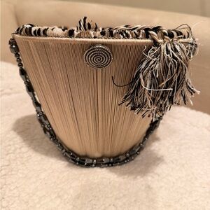 Stacey High Cream Silk Handbag with Beige and Black Tassel and Leopard Silk